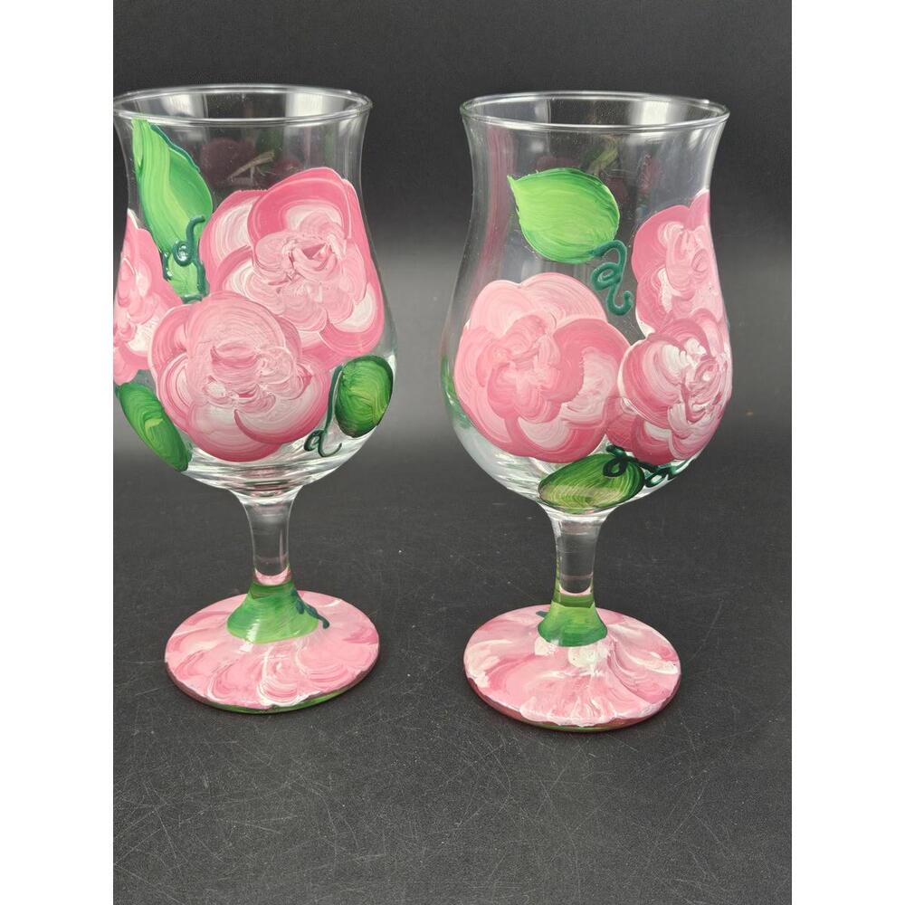 Set of 2 Vintage Hand Painted Pink Floral Wine Glasses Tulip Flared Rim 6.5" - Picture 12 of 15